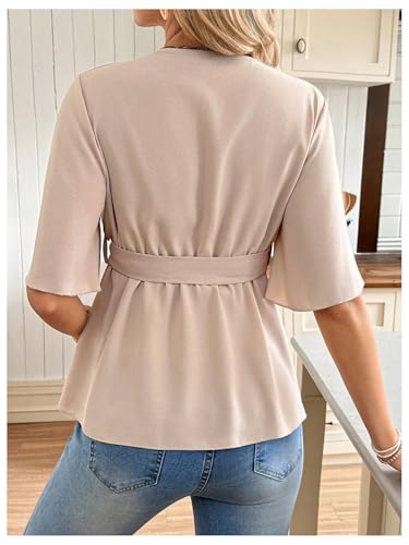 MakeMeChic Women's Maternity Nursing Blouse Wrap Belted Pregnancy Shirt - color: Apricot, size: Large