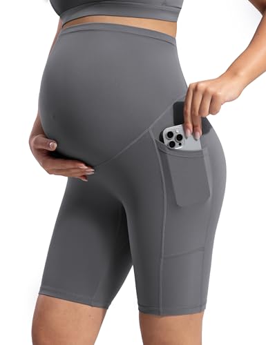 POSHDIVAH Creamluxe Maternity Biker Shorts with Pockets 6"/8" - color: Charcoal Gray, size: Small