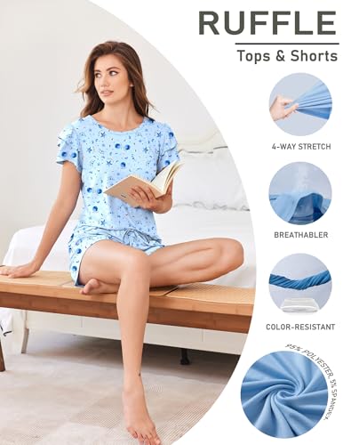 Ekouaer Womens Pajama Sets 2 Piece Ruffle Sleeves Top and Shorts Pjs - color: Blue Star, size: Small
