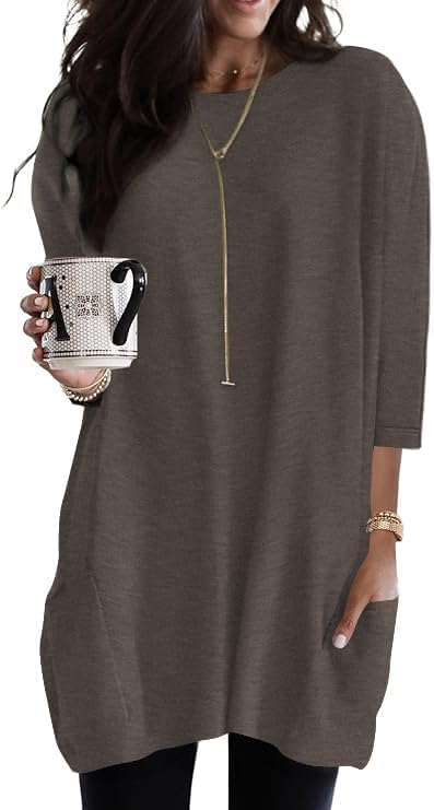 Poetsky Womens 3/4 Sleeve Tunics or Tops to Wear with Leggings Long Shirts - color: Brown, size: Medium