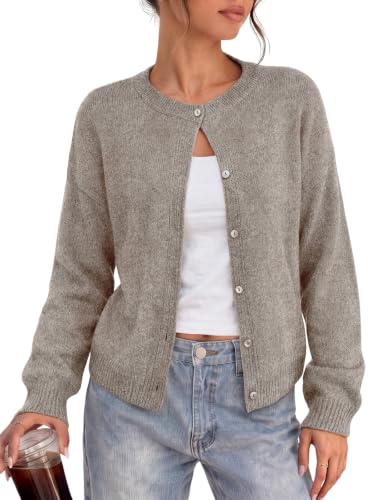 LILLUSORY Womens Crew Neck Button Down Cardigan Sweater - color: Khaki, size: Medium