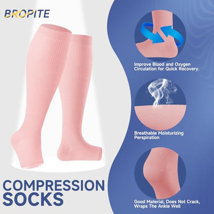 bropite Open Toe Compression Socks for Women，3 Pairs Toless Knee-High Socks - color: D-dbgp Open, size: 4X-Large