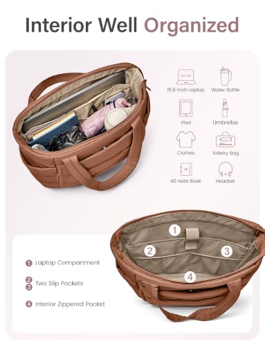 Uselike Tote Bag for Women with Zipper, Quilted Puffer Tote Bag with Compartments, Lightweight Puffy Work Bags for Women - color: Pecan Brown