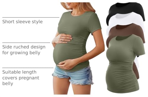 Huukeay 4 Pack Women's Short Sleeve Maternity Tops - color: Black, White, Coffee, Army Green, size: Small
