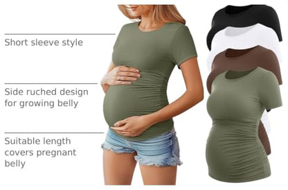 Huukeay 4 Pack Women's Short Sleeve Maternity Tops - color: Black, White, Coffee, Army Green, size: Small