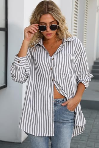 CHYRII Women's Striped Button Down Long Sleeve Blouse - color: Black, size: Large