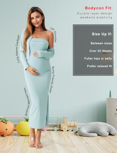 2 Piece Strapless Maternity Dress & Cardigan Set for Baby Shower - color: Light Blue, size: Medium