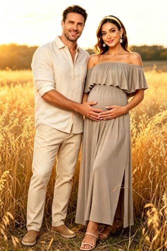 Off Shoulder Ruffle Sleeve Maternity Maxi Dress Side Slit - color: Khaki, size: X-Large