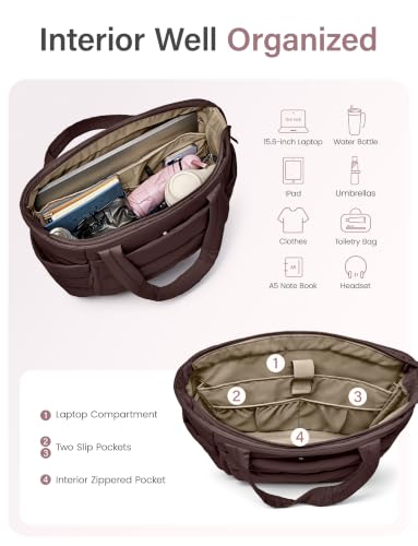 Uselike Tote Bag for Women with Zipper, Quilted Puffer Tote Bag with Compartments, Lightweight Puffy Work Bags for Women - color: Dark Brown