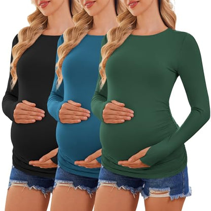 Ekouaer Womens 3 Pack Long Sleeve Maternity Shirts Thumb Hole Tops - color: 3pcs Black / Dark Green / Haze Blue, size: Medium