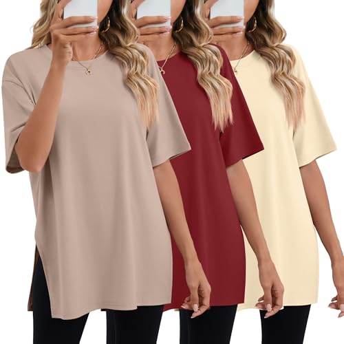 Huukeay 3 Pack Women's Oversized T Shirts Workout Tops - color: Apricot, Wine Red, Gray Khaki, size: Small