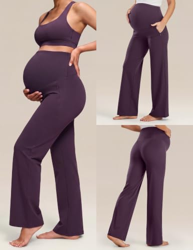 JOYSPELS Smooth Feeling Wide-Leg Maternity Work Pants Soft Pregnancy Yoga Pants with Zippered Pockets Over The Belly - color: Plumperfec, size: Small