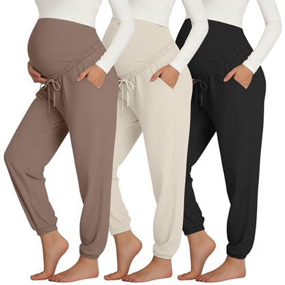 3 Pack Women's Maternity Jogger Pants with Pockets - color: Coffee, Apricot, Black, size: X-Large