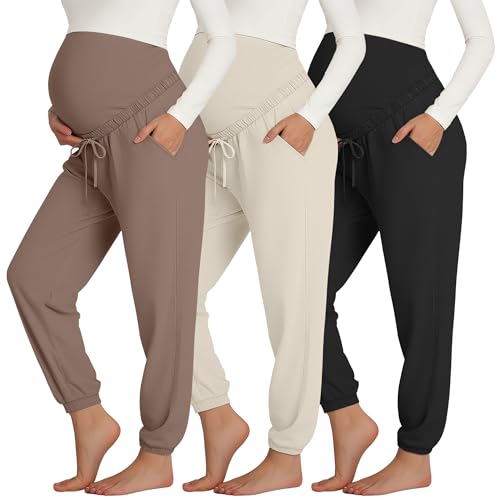 3 Pack Women's Maternity Jogger Pants with Pockets - color: Coffee, Apricot, Black, size: Small