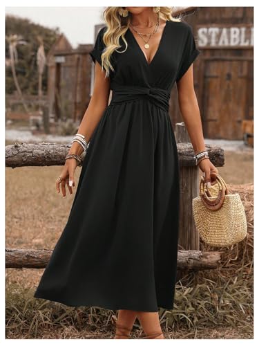 Floerns Women's Wrap V Neck Flowy Midi Dresses Short Sleeve A Line Ruched Beach Dress - color: Black, size: Large