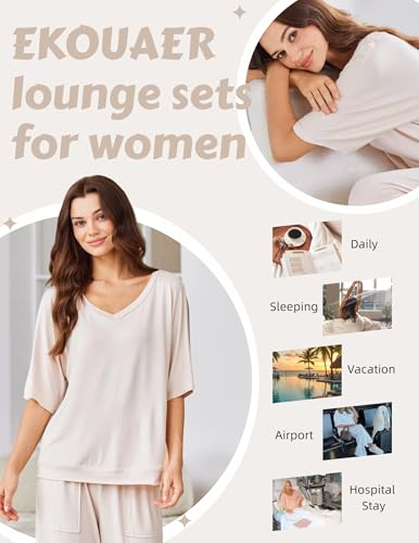 Ekouaer Lounge Sets for Women Comfy Pajamas Set 2 Piece Outfits - color: Beige, size: Large
