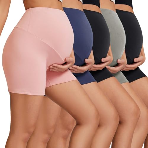 5 Pack Maternity Shorts 5" - Over The Belly Pregnancy Biker Shorts Soft Womens Yoga Workout Athletic Short - color: Black/Dark Gray/Black/Dark Blue/Pink, size: Medium