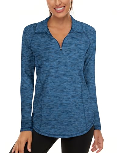 LURANEE Womens UPF 50+ Long Sleeve 1/4 Zip Pullover Athletic Hiking Running Workout Tops - color: Dark Blue-2, size: Small