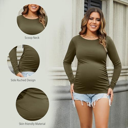 Bhome Women's Maternity Shirts 3 Packs Long Sleeve Pregnancy Tops Basic Side Ruched Tunic Blouse - color: Black/Olive Green/Gray, size: Medium