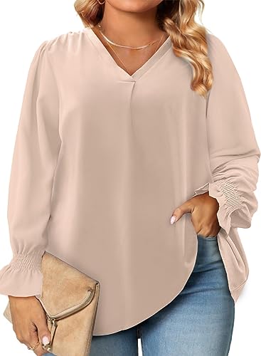 Eytino Women's Plus Size Long Sleeve Tops V Neck Chiffon Blouse - color: Apricot, size: 2X