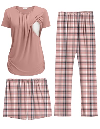 Ekouaer Maternity Nursing Pajamas Set 3 Piece Postpartum Breastfeeding Pjs - color: Pink Plaid, size: Medium