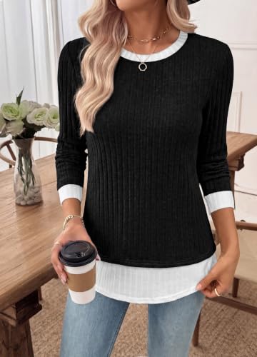 WIHOLL Womens Long Sleeve Shirts Fall Outfits Lightweight Sweaters 2026 - color: Black - White, size: XX-Large