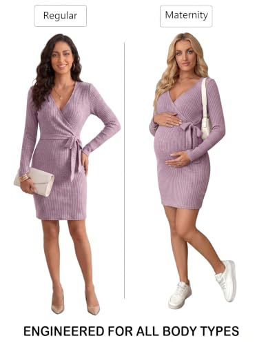 BLENCOT Maternity Dress Fall Long Sleeve Wrap Bodycon Pregnancy Dresses - color: Pink, size: XX-Large