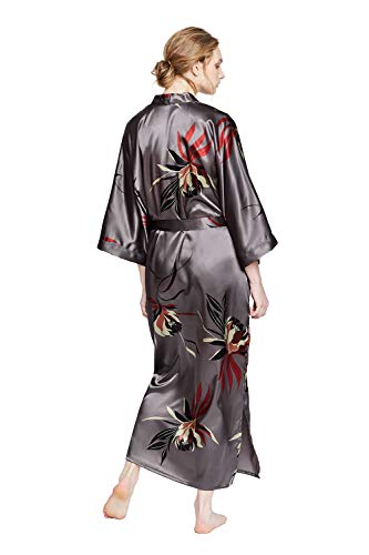OLDSHANGHAI Satin Long Kimono Robe for Women - color: Hana - Gunmetal