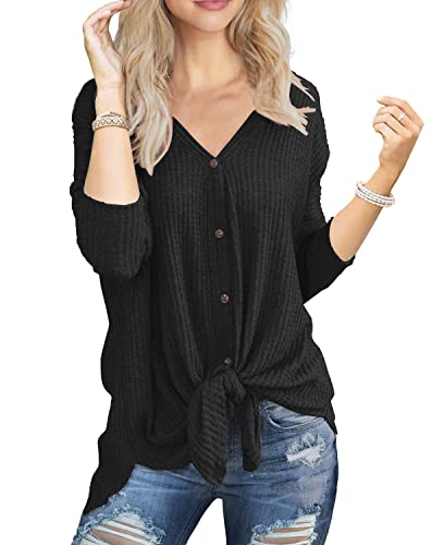 IWOLLENCE Womens Button Down Henley Long Sleeve Blouse - color: Black, size: XX-Large