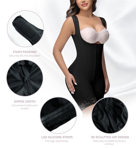 SHAPSHE Fajas Colombianas Moldeadoras Open Bust Full Body Shaper with Bones - color: Black(one Size Larger May Be Better), size: XX-Large