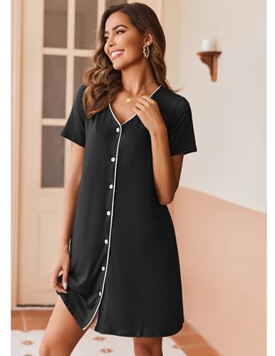 Ekouaer Nightgowns for Women 2 Pack Night Gowns Button Down Sleep Shirts - color: Black/Navy Blue, size: Medium
