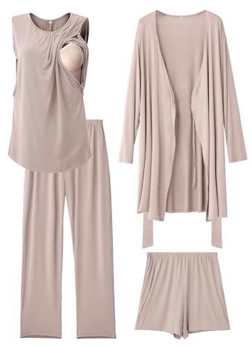 Rnxrbb 4 PCS Hospital&Home Nursing Pajamas Robe Set Maternity Postpartum Pj - color: Beige, size: X-Large