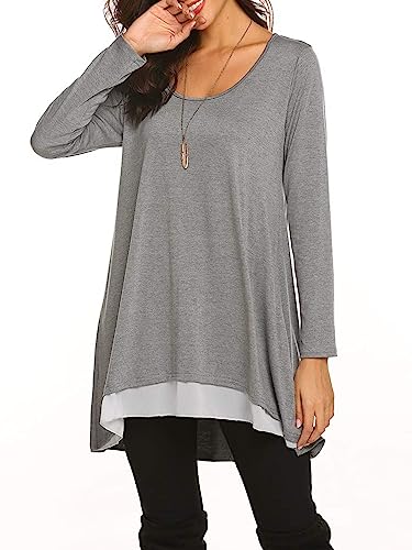 Poetsky Women's Long Sleeve Tunic Tops Layered Chiffon Hem Blouses Shirts - color: A-grey, size: Small