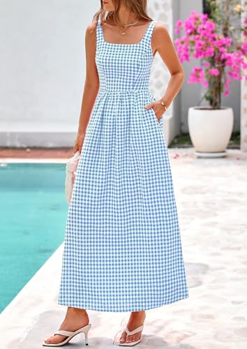 PRETTYGARDEN Women's Summer Gingham Maxi Long Dress - color: Dusty Blue, size: Small
