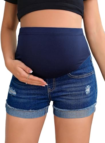 BLENCOT Maternity Jean Shorts Over Belly Stretchy Fold Hem Denim Pants - color: Sail Blue, size: Medium