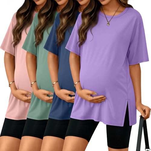Riyiper 4 Pack Women's Short Sleeve Maternity T Shirts - color: Ballet Pink, Gray Green, Haze Blue, Lavender, size: Medium