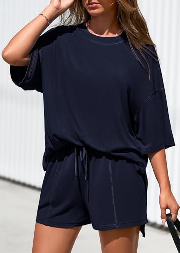 KIRUNDO 2 Piece Sets for Women Summer Lounge Sets Casual - color: Navy Blue, size: Medium
