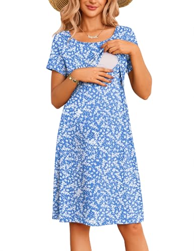 Maternity Summer Dress Breastfeeding Nursing Friendly Pregnancy Dresses - color: Blue Floral, size: Small