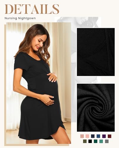 Nursing Nightgown Short Sleeve Breasfeeding Birthing Gown Maternity Dress - color: Black, size: Medium