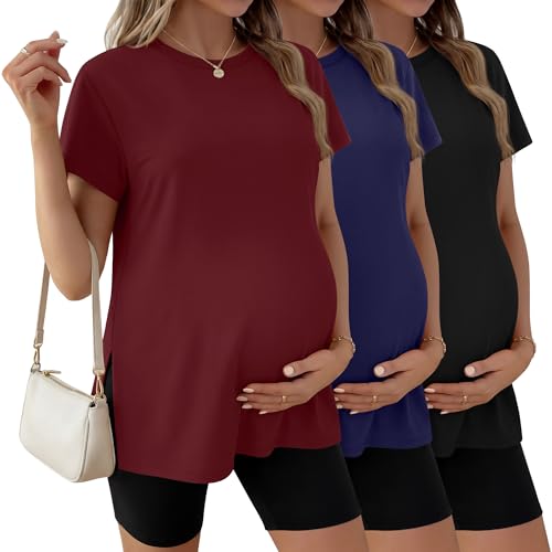 Ficerd 3 Pack Women's Maternity T Shirts - color: Wine Red, Navy Blue, Black, size: Small