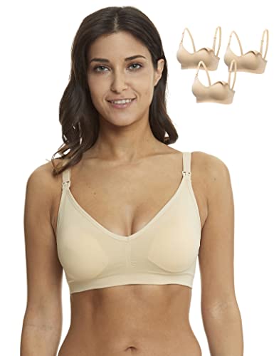 HOFISH Maternity Nursing Bras for Breastfeeding, 3 Pack Pregnancy Deep V Neck Wireless Bra with Extenders & Clips - color: 3pcs/Pack(push Up:beige), size: X-Large