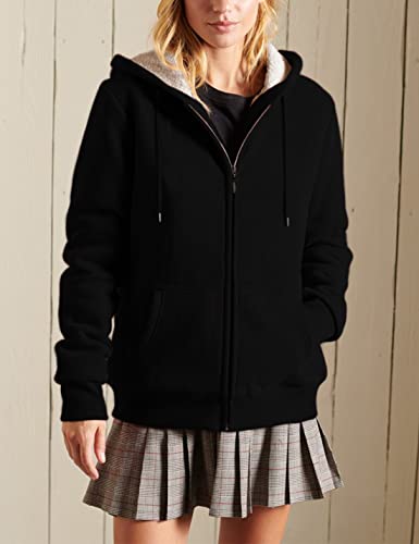 Women’s Casual Full Zip Up Sherpa Lined Hoodie Sweatshirt Jacket Coat - color: Black, size: Large