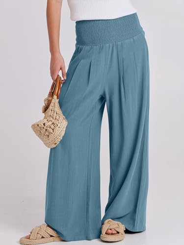 ANRABESS Women Linen Palazzo Wide Leg Pants with Pockets - color: Lake, size: Small