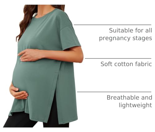 Ecavus Maternity Shirts Side Split Soft Cotton Loose Fit Pregnancy Tops - color: Green, size: Medium