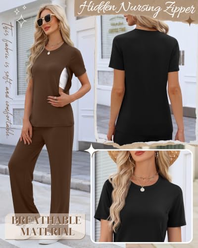 Ficerd 2 Pack Maternity Nursing Pajama Breastfeeding Sets Pjs - color: Brown, Black, size: X-Large
