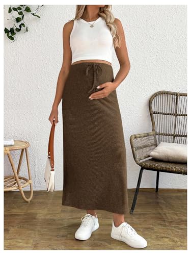 MakeMeChic Women's Maternity 2Pc Sets Crew Neck Crop Tank Tops Mid Skirt - color: Brown, size: Medium