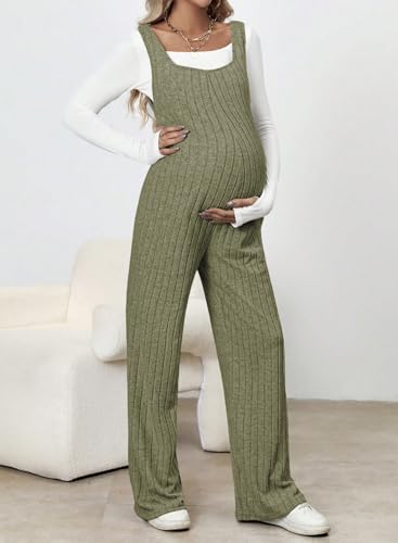 BLENCOT Maternity Jumpsuit Sleeveless Square Neck Wide Leg Pants Romper - color: Army Green, size: Medium