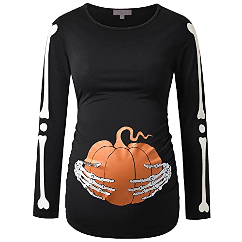 Maternity Shirt Long Sleeve Basic Top Ruch Sides Bodycon Tshirt for Pregnant Women - color: Black/Glow in the Dark Hands, size: Small