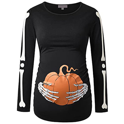 Maternity Shirt Long Sleeve Basic Top Ruch Sides Bodycon Tshirt for Pregnant Women - color: Black/Glow in the Dark Hands, size: Small