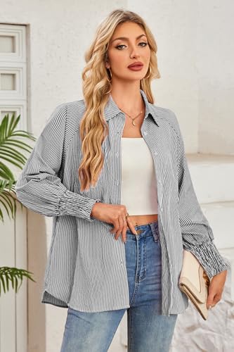 OUGES Women's Cotton Blend Oversized Boyfriend Collar Shirts Smocked Cuffed Striped Button Down Blouse Tops with Pockets - color: Black, size: Medium